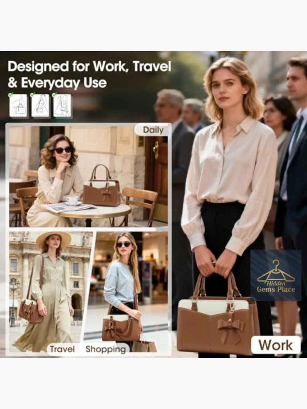 PU Leather Satchel Purse with Bowknot, Fits iPad
